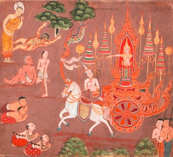 Die vier Begegnungen des Prinzen Siddhartha. - Aus der Bilderhandschrift "Trai-phum"
